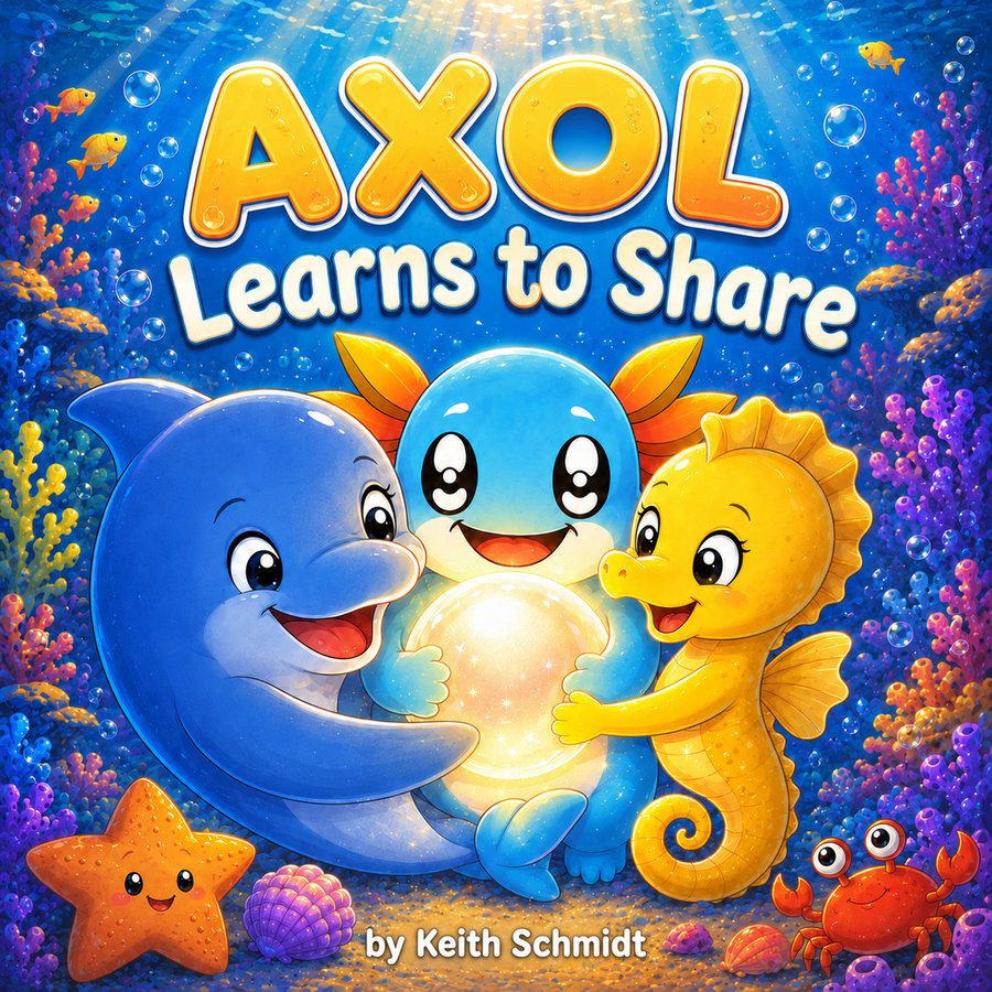 AXOL Learns to Share — front cover featuring AXOL, Dylan the Dolphin, and Maggie the Seahorse holding a glowing pearl